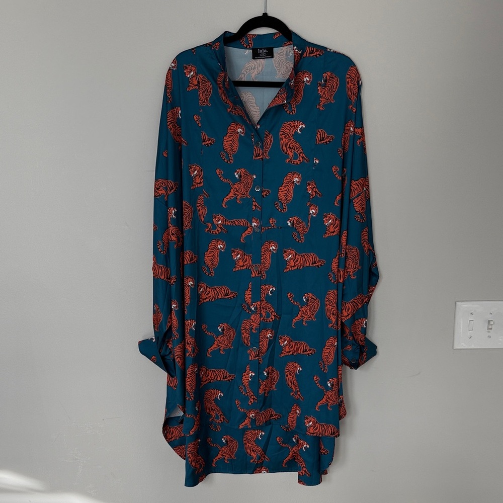 Dressed in Lala Teal and Orange Tiger Print Shirt Dress